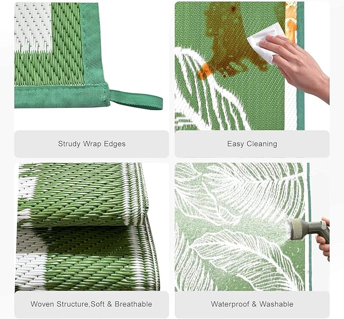 wikiwiki Outdoor Rug, 6x9ft Waterproof Reversible Mat Indoor Outdoor Rugs Carpet, Small Area Rug Plastic Straw Rug for Patio Deck Balcony Pool RV Camping Beach Picnic, Green, Rugscape Series