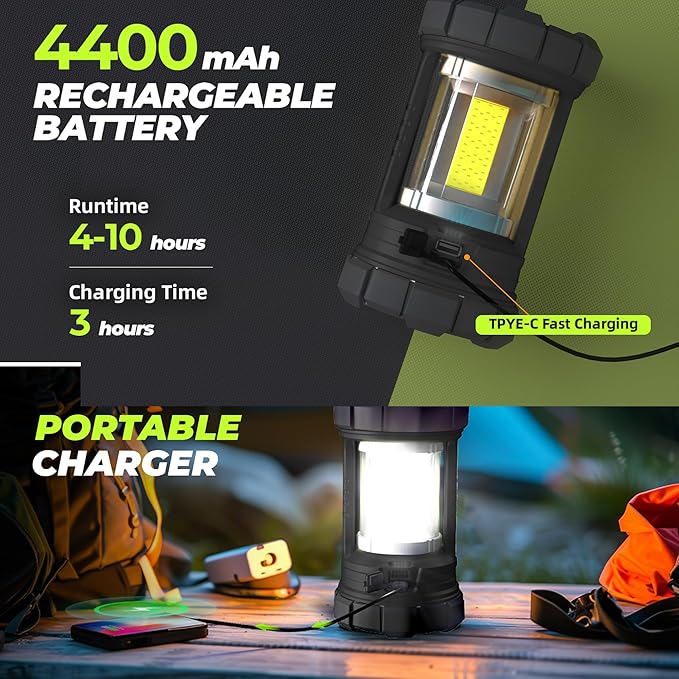 Rechargeable Camping Lantern, 3000LM 5 Light Modes Camping Light 4400 Capacity Phone Charger LED Impact-Resistant Flashlight Lantern Portable Waterproof Hurricane Lanterns for Emergency(Black)