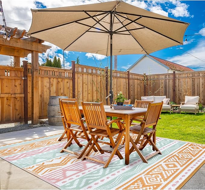 Lahome Waterproof Outdoor Rug 9x12, Reversible Outdoor Plastic Straw Rug for Patio, RV Camping Rug Picnic Mat Outside, Large Outdoor Carpet for Beach Deck Backyard Balcony(Pink/Orange,9'x 12')