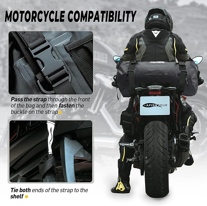 40L Waterproof Motorcycle Duffel Bag - Motorcycle Luggage Tail Bag with Straps for Back Seat - Roll Top Dry Bag for Kayaking, Rafting, Boating, Camping, Travel, Beach (Black)