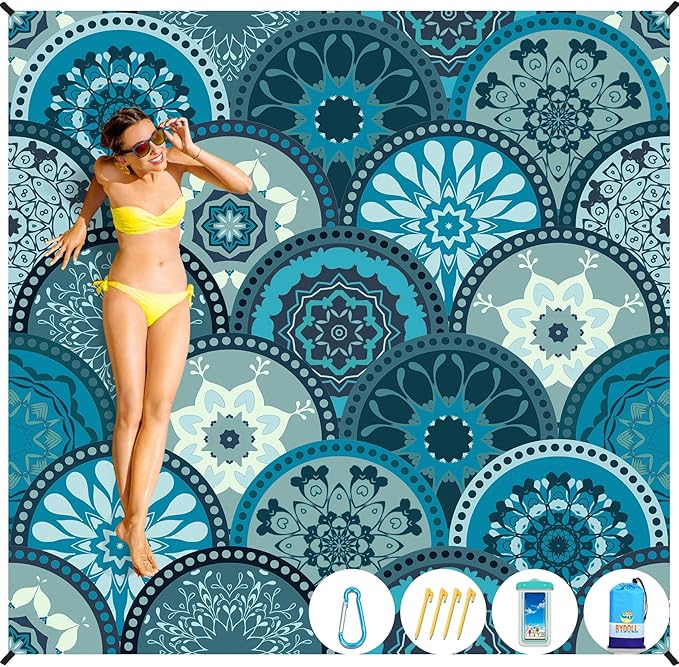 BYDOLL Beach Blanket Waterproof Sandproof 78''×81'' Suits1-4 Adults Compact Lightweight Oversized Sand-Free Blanket Large Picnic Mat for Beach Travel Camping Hiking