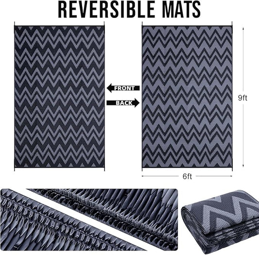 OLANLY Waterproof Outdoor Rug 6x9 ft Clearance, Reversible Outdoor Plastic Straw Rug, RV Mat, Indoor Outdoor Carpet for Patio, Camping, Balcony, Deck, Backyard, Black & Grey
