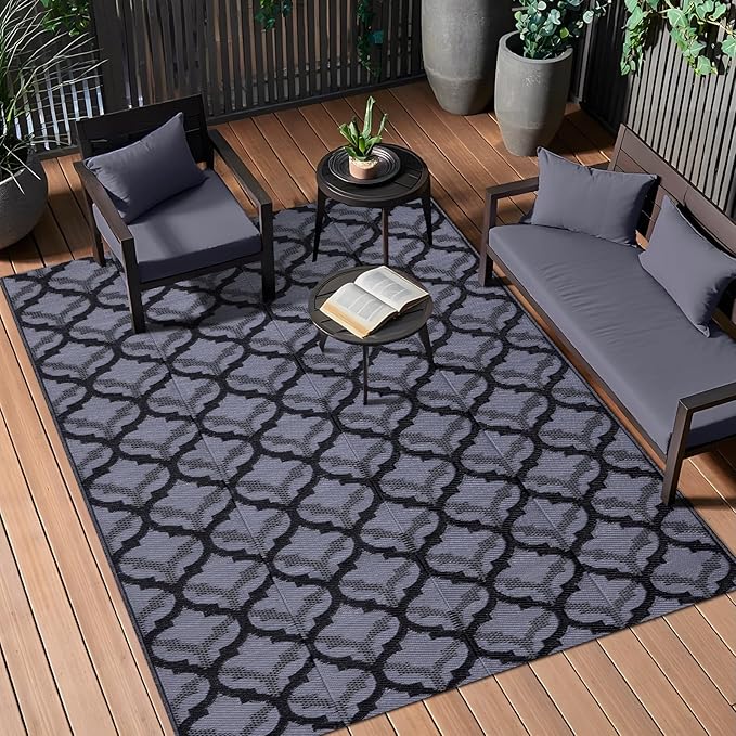 OLANLY Reversible Outdoor Rug 5x8 ft Clearance, Waterproof Outdoor Plastic Straw Rug with Interlacing Pattern, RV Mat for Patio, Camping, Balcony, Deck, Backyard, Black & Grey