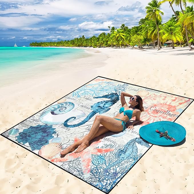 Beach Blanket Waterproof Sandproof Beach Mat 79" X 83" /10'x9'for 2-8 Adults Quick Drying Outdoor Picnic Mat Beach Accessories for Travel, Camping, Hiking