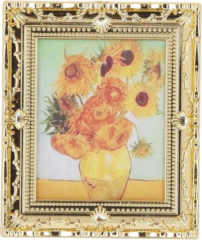 CHICIRIS Miniatures Art Painting, Gold Frame Miniatures Oil Painting Beautiful for Kids for Dollhouse Decoration (Sunflower Shape)