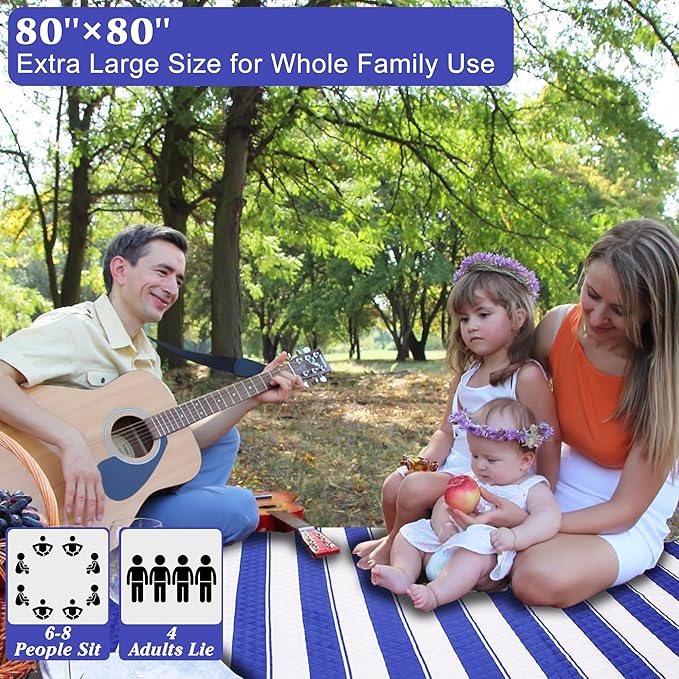 HX&OD Outdoor Picnic Blanket Extra Large, 80”x80” Waterproof Picnic Mat Foldable Camping Blanket Portable with Carry Strap for Beach Mat (Bright Blue&White)