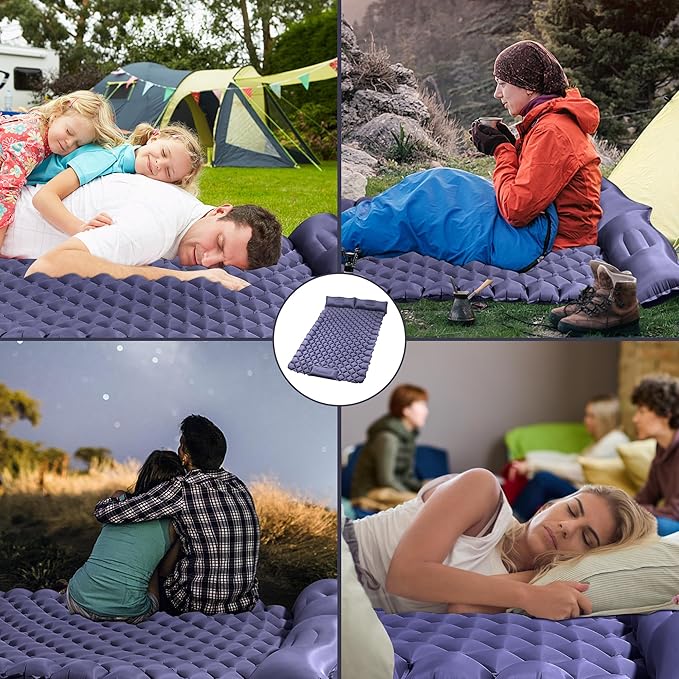 Double Camping Pads for Sleeping, Ultralight Floor Mattresses for Sleeping with Built-in Pillow Foot Pump, Mattress Foldable for Tent, Backpacking, Hiking, Car Traveling, Navy Blue