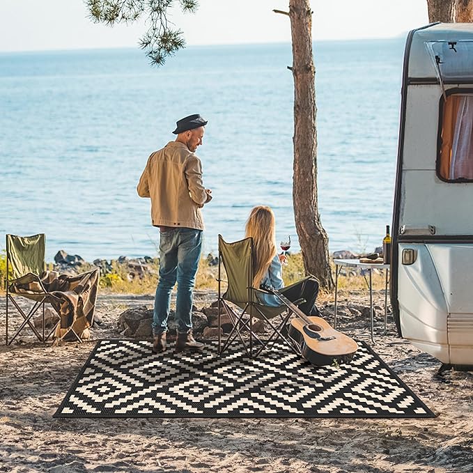 GENIMO Outdoor Rug 3'x5' Waterproof, Reversible Camping Mat, Plastic Straw Rugs for Patio, RV, Camper, Balcony, Backyard, Picnic, Deck (Black & Beige)