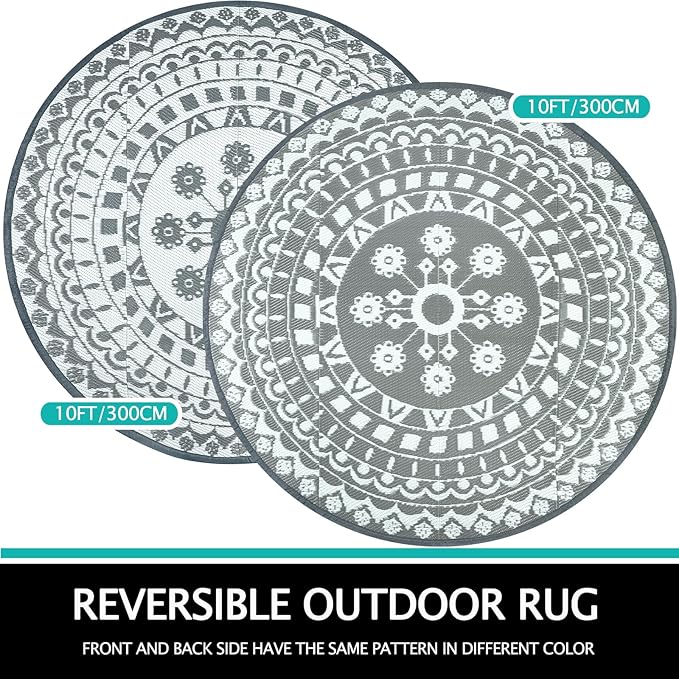 Capslpad 10Ft Round Outdoor Rug for Patios Clearance Reversible Mat Plastic Straw Patio Rugs Lightweight RV Camping Mat Circle Outside Area Rug Carpet for Balcony Deck Trailer Picnic BBQ, Grey