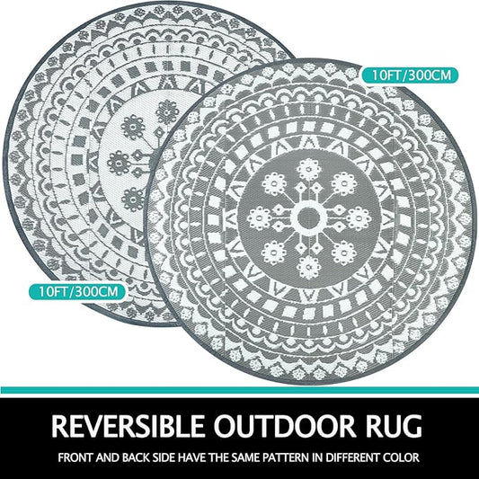 Capslpad 10Ft Round Outdoor Rug for Patios Clearance Reversible Mat Plastic Straw Patio Rugs Lightweight RV Camping Mat Circle Outside Area Rug Carpet for Balcony Deck Trailer Picnic BBQ, Grey