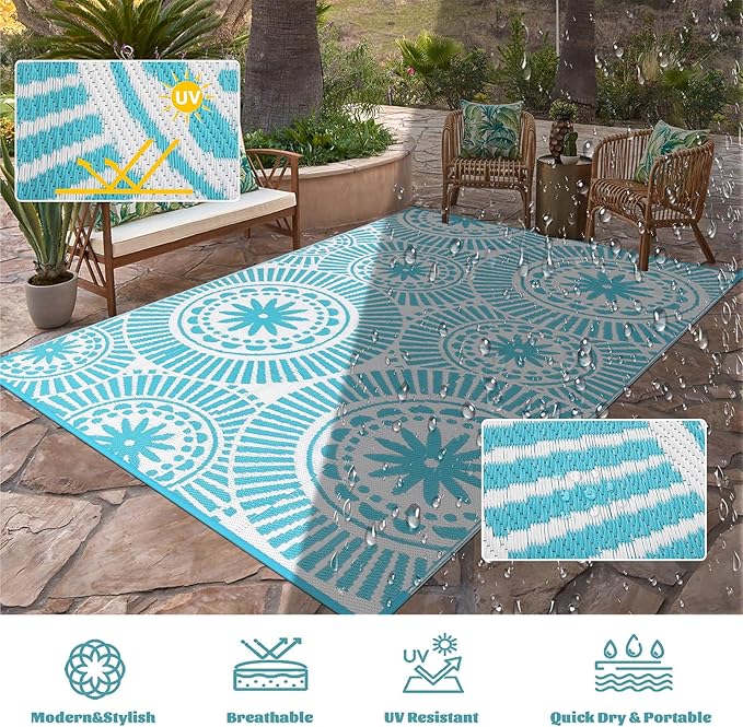 Ileading Large Plastic Outdoor Rug 9x12ft Modern Geometric Style Reversible Patio Area Rugs Waterproof Non Shedding Portable Carpets for Rv Outside Deck Pool Beach Picnic Camping (Teal)