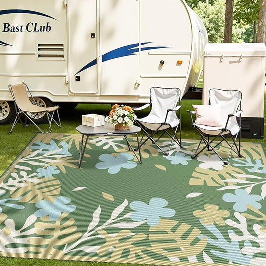 MontVoo Outdoor Rug Waterproof 6x9 ft RV Outdoor Rug for Camping Picnic Mat Outdoor Patio Rug Carpet Plastic Straw Reversible Floral Green Yellow