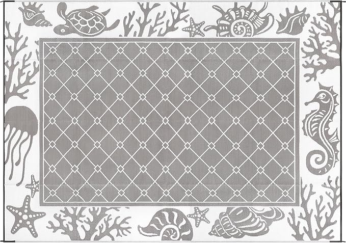Vaukki Reversible Rugs, Plastic Straw Outdoor Doormat, Fade Resistant Plastic Outdoor Patio Mat, Lightweight Ocean Area Carpet for Patio, RV, Camping, Beach, Deck, Backyard and Picnic (Grey, 10'x14')