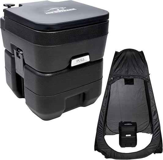 Camping Toilet w/Privacy Tent – 2.5 Gallon Fresh Water Camp Toilet for up to 50 Clean Flushes – Odorless & Heat Resistant Portable Camping Toilet – PE Camping Potty w/ 5.3 Gallon Waste Tank