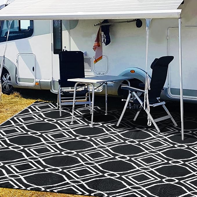 Kohree Outdoor Rugs 9x12 Patios Clearance, Outdoor Patio Rug Waterproof, Outdoor Carpet Camping Mat Rug for RV, Deck, Backyard, Picnic, Porch, with 4 Stakes and 1 Carry Bag, Black, Easy to Clean