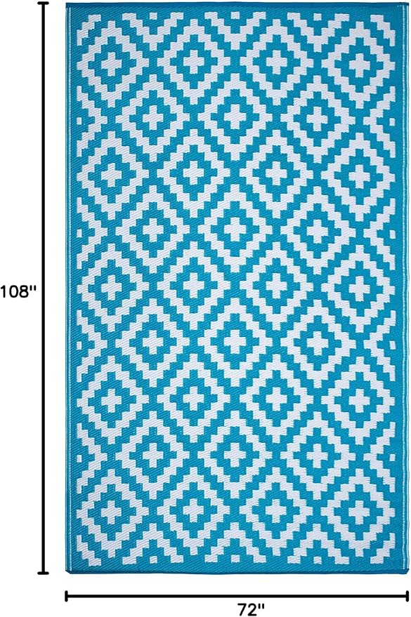 FH Home Outdoor Rug - Waterproof, Fade Resistant, Reversible - Premium Recycled Plastic - Geometric - Large Patio, Deck, Sunroom, Camping, RV - Aztec - Teal & White Crease Free - 6 x 9 ft