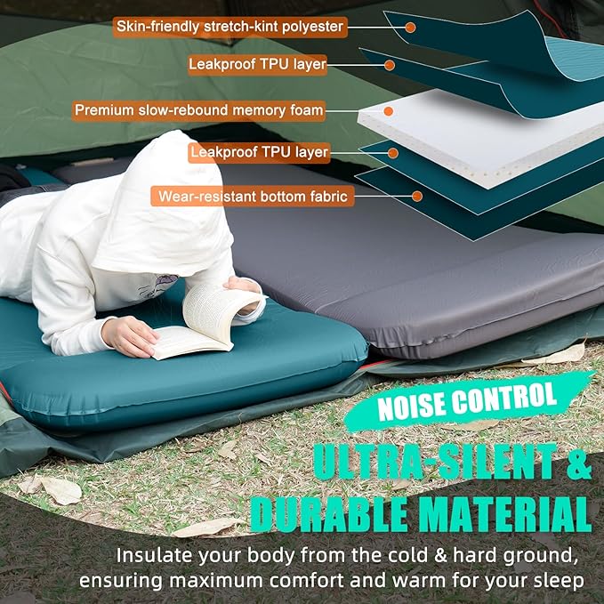 Self Inflating Sleeping Pad with Electric Pump, 3.15" Ultra-Thick Memory Foam Camping Sleeping Mat with Pillow, 9.5 R-Value Insulated Camping Pad Mattress for Travel Car Tent