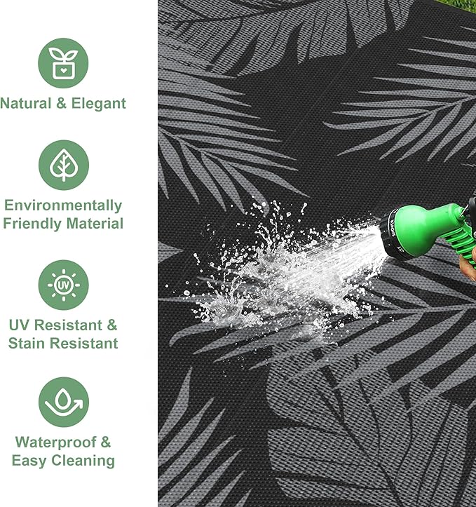 Outdoor Rug 8' x 10' for Patio Waterproof Clearance, Reversible Indoor Outdoor Plastic Straw Camping Rug Carpet, RV Mat, Large Area Rug for Deck, Backyard, Balcony, Porch, Beach, Black and Grey