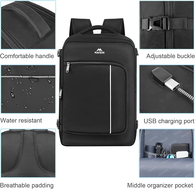 MATEIN Carry On Backpack for Airplanes, 40L Underseat Travel Backpack Personal Item Bag with USB Charging Port and Shoe Pouch, TSA 17 inch Bags for Men Flight Approved, Work Casual Daypack