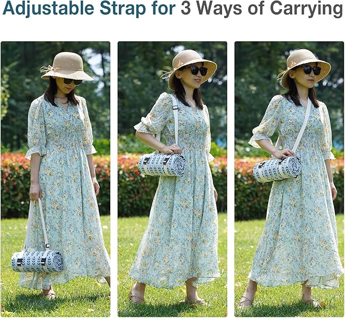 Picnic Blankets Washable | Beach Mat Sand Free Waterproof | Camping Blankets | Emergency Blankets | Picnic Baskets Accessories with Waterproof Backing and Shoulder Strap - BlueLeaf