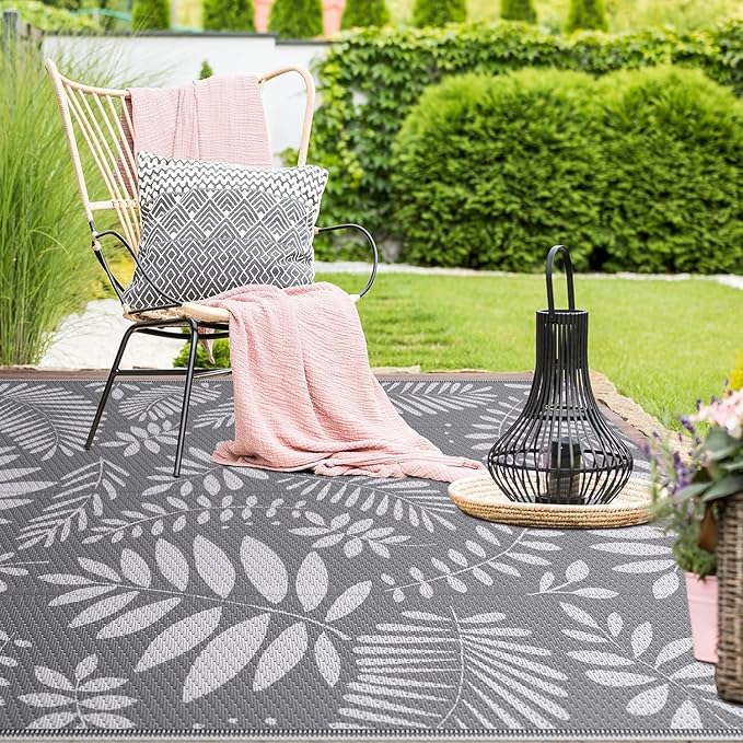 StepRite Outdoor Rug, Patio Rug, Plastic Straw Camping Rugs, Large Waterproof Area Rug and Mat for Outdoors, RV, Patio, Backyard, Deck, Porch, Beach, Balcony, (8'x 10', White&Gray)