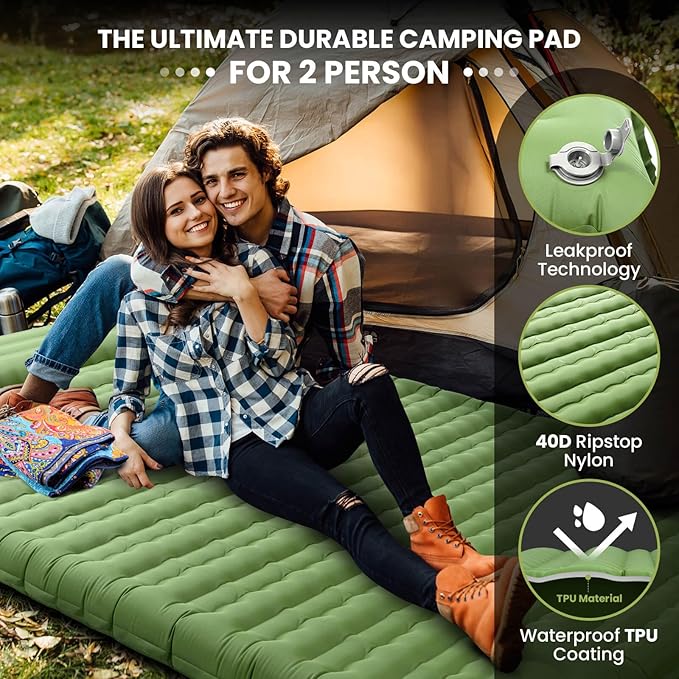 Double Sleeping Pad, 4.7“ Ultra-Thick Camping Mattress 2 Person for Backpacking, Hiking (Green, Full)