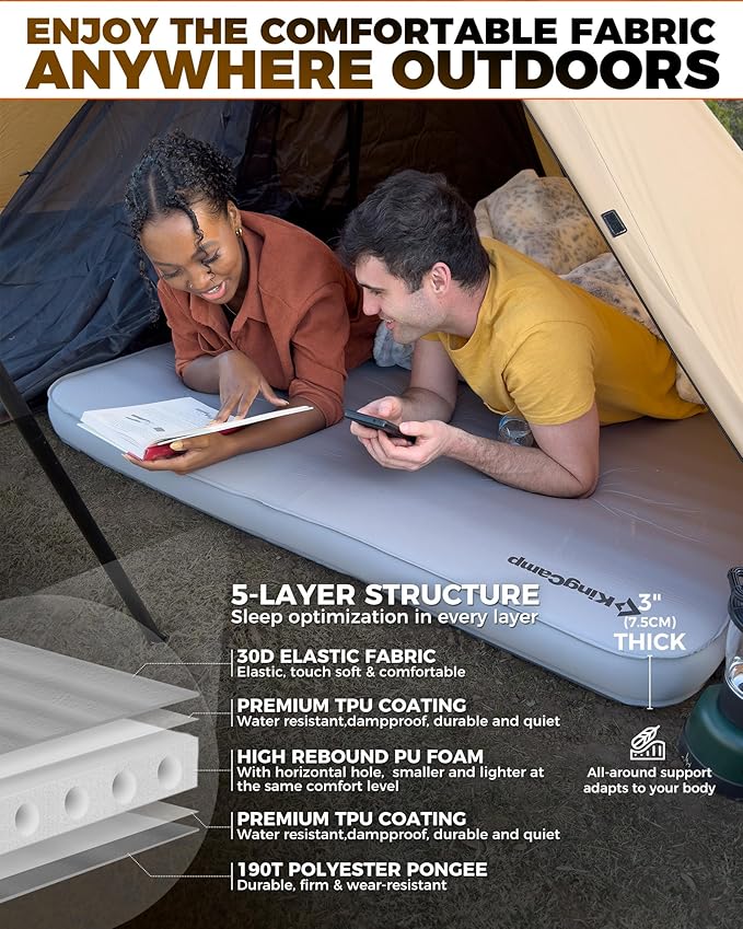 KingCamp Double Sleeping Pad, 2 Person Queen R 7.9 Self Inflating Sleeping Pad, 3" Thick Full Size Foam Mattress Mat with Air Pump for Outdoor Camping Tent Car, PVC Free (Grey)