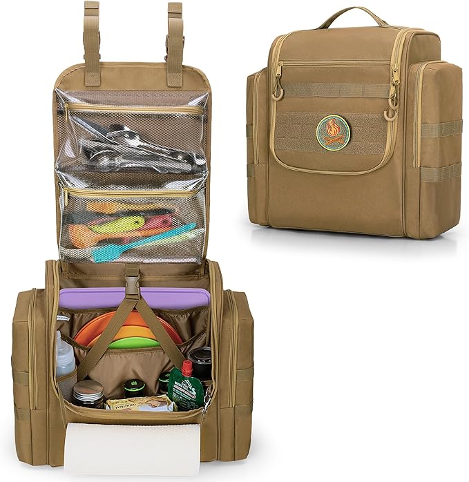 Large Tactical Camping Kitchen Organizer, Hanging Cookware Storage Bag with Paper Towel Holder & Multi Pockets, Portable Camp Utensil Organizer for BBQ Cooking Essentials, Khaki, Bag Only