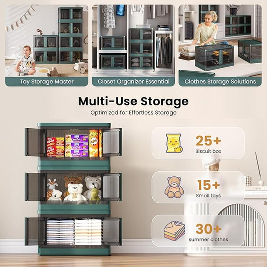 8.4Gal Collapsible Storage Bins with Lids & Wheels - 3 Pack Stackable with Doors, Heavy-Duty Plastic Containers for Home/Office, Green