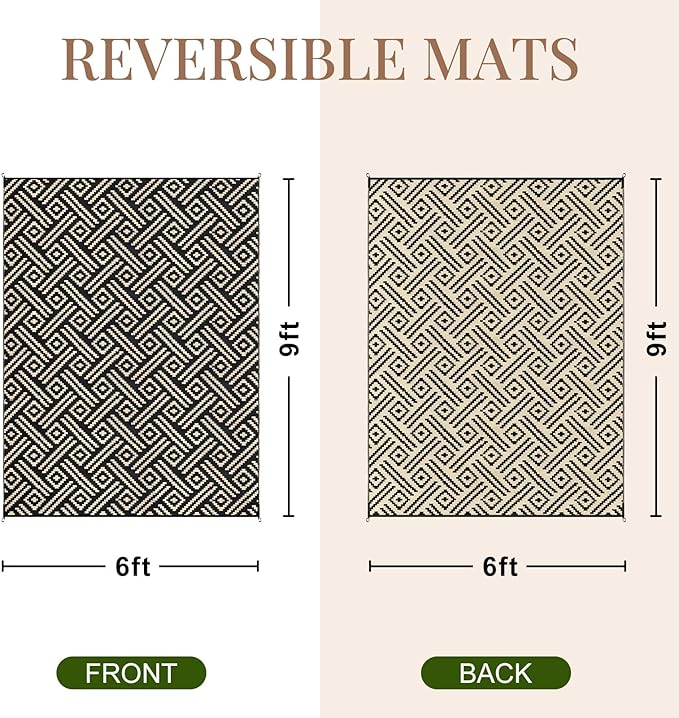 OPPODREAM Outdoor Rug 6x9 Ft, Waterproof Outdoor Plastic Straw Rug for Patio, Reversible Out Door Carpet for Camping, Deck, Rv, 6 x 9 Area Carpet for Balcony, Porch, Backyard, Black and Beige