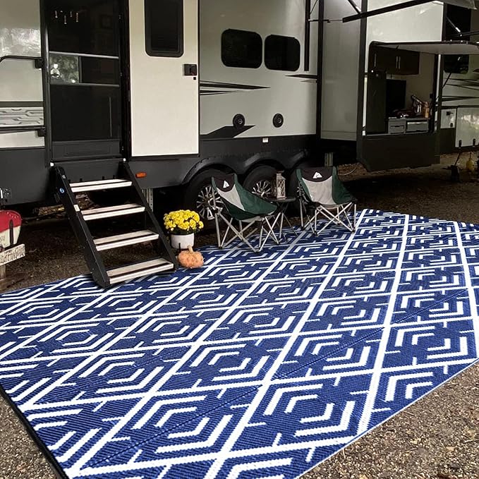 Outdoor Plastic Straw Rug, Waterproof Outdoor Rugs for Patios Clearance, Reversible Area Rug, Large Outside Carpet for Camping, Balcony, RV, Deck, Picnic, Beach (6x9ft Boho/Blue&White)