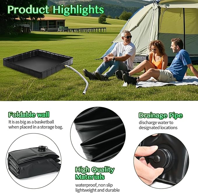 Collapsible Portable Shower Base 41"x41"x5" with Drain Pipe, Indoor/Outdoor Portable Shower Pan for Camping Tents, RVs, and More, Includes Storage Bag