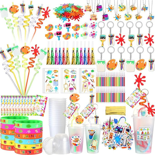 Tondiamo 206 Pcs Art Paint Party Favors Include Gift Cup Plastic Straw Color Pen Keychain Pendant Bracelet Ring Temporary Tattoo Party Blower Card Splatter Confetti for School Reward Birthday Party