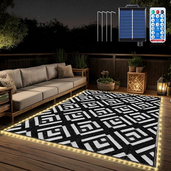 Outdoor Rug 5x8Ft, Solar Powered Outdoor Camping Rug with 80LEDs Strip Lights, Waterproof Plastic Reversible Outdoor Straw Rug Mat for RV Camping Patio Beach Balcony House Deck Picnic