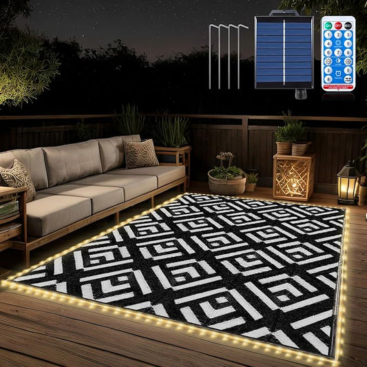 Outdoor Rug 5x8Ft, Solar Powered Outdoor Camping Rug with 80LEDs Strip Lights, Waterproof Plastic Reversible Outdoor Straw Rug Mat for RV Camping Patio Beach Balcony House Deck Picnic