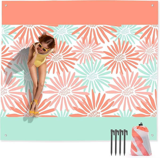 Mooreeke Beach Blanket Extra Large Oversized 9 x 10 ft, Colorful Flowers Sandproof Waterproof Quick Drying Lightweight Compact Outdoor Blanket Beach Mat for Family Travel Camping Picnic, 1-8 Adults