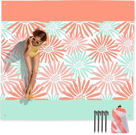 Mooreeke Beach Blanket Extra Large Oversized 9 x 11 ft, Colorful Flowers Sandproof Waterproof Quick Drying Lightweight Compact Outdoor Blanket Beach Mat for Family Travel Camping Picnic, 1-8 Adults