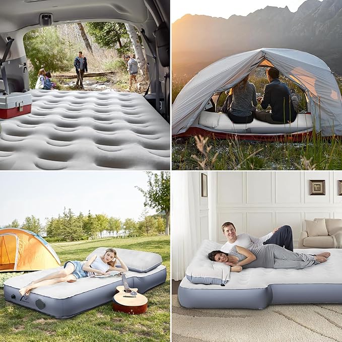 SUV Air Mattress with One-Click Charging Wireless Air Pump, Detachable Pillow, 10inch Air Mattress for Jeep Wrangler JK JKU JL JLU Unlimited 4 Door, Heavy Duty, Car Camping, Patent Pending
