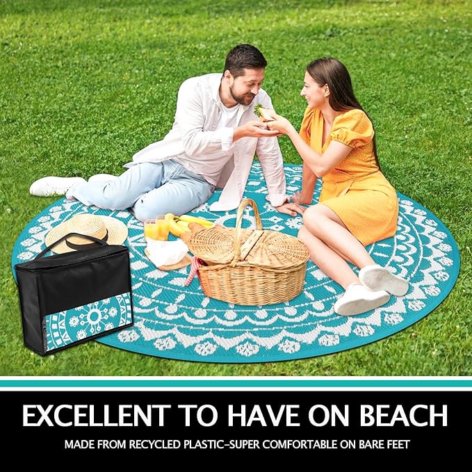 Capslpad 6Ft Round Outdoor Rug for Patio Clearance Boho Reversible Mat Waterproof Outdoor Plastic Straw RV Camping Rug Outside Circle Area Rug for Porch Deck Terrace Picnic Beach Apartment, Teal
