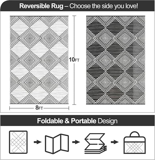 Waterproof Outdoor Rug 8x10ft, Foldable Reversible Plastic Straw Mat for Patio RV Deck Porch Backyard Balcony Camping Picnic Beach Indoor Outdoor Carpet, Black&White