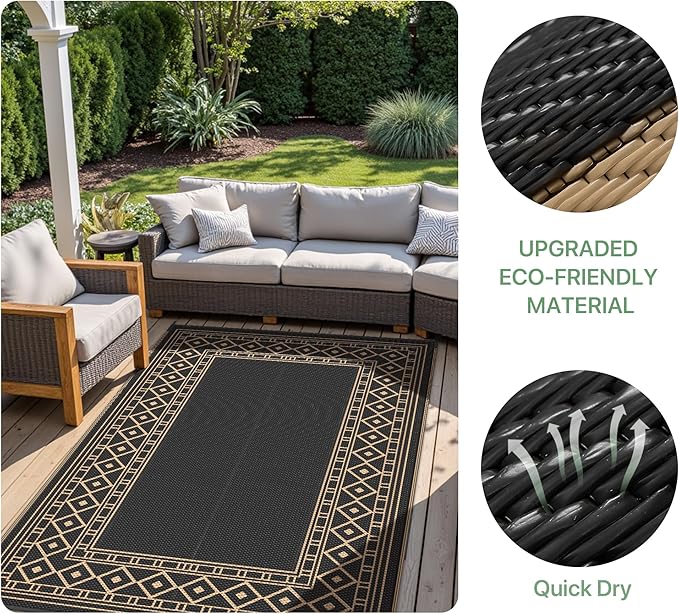 GENIMO Outdoor Rug 5'x8' Waterproof for Patio, Reversible Outdoor Plastic Straw Rug Carpet, Camping Mats for Outdoor Decor, RV, Backyard, Deck, Balcony, Picnic, Black & Brown