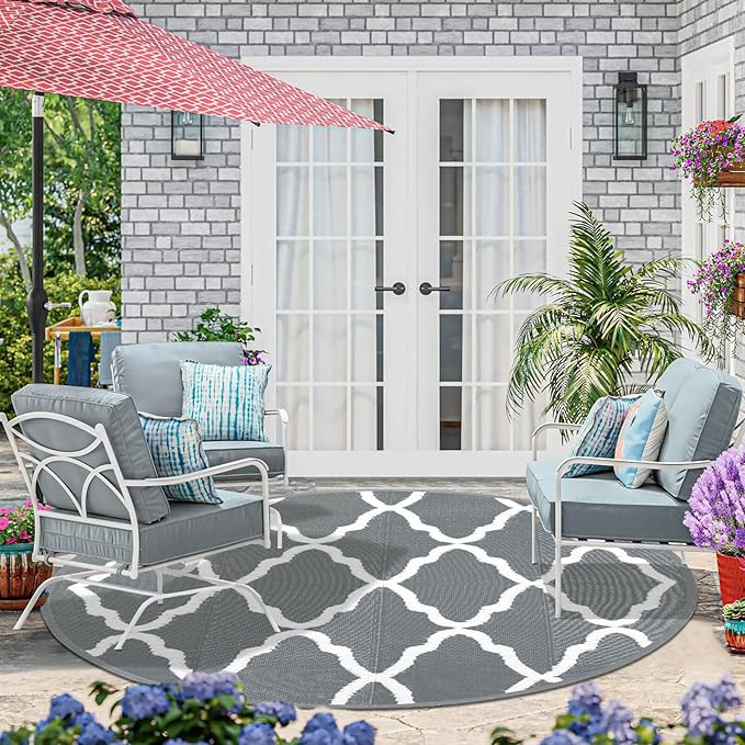 OutdoorLines Indoor Outdoor Rugs for Patio 5 Feet - Reversible Outside Carpet, Stain & UV Resistant Portable RV Mats, Plastic Straw Rug for Camping, Pool Deck, Porch Moroccan/Grey & White