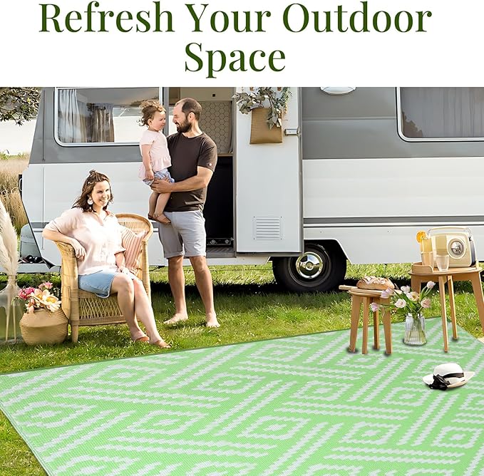 OPPODREAM Outdoor Rug 5x8 Ft, Waterproof Outdoor Plastic Straw Rug for Patio, Reversible Out Door Carpet for Camping, Deck, Rv, 5 x 8 Area Carpet for Balcony, Porch, Backyard, White and Green