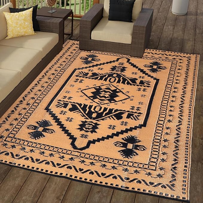 LILIOFFIC Outdoor Rugs for Patio Clearance - 5'x8' Waterproof Reversible Indoor Outdoor Rug Carpet, Portable Outdoor Plastic Straw Rug for RV Camping, Picnic, Beach, Porch, Deck, Black & Brown