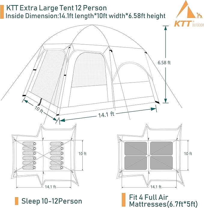 KTT Extra Large Tent 12 Person,2 Bay-Windows,Family Cabin Tents,14'Lx10'Wx6.58'H,2 Rooms and 3 Doors 3 Windows with Mesh,Waterproof,Straight Wall,Big Tent for Outdoor,Picnic,Camping,Gathering