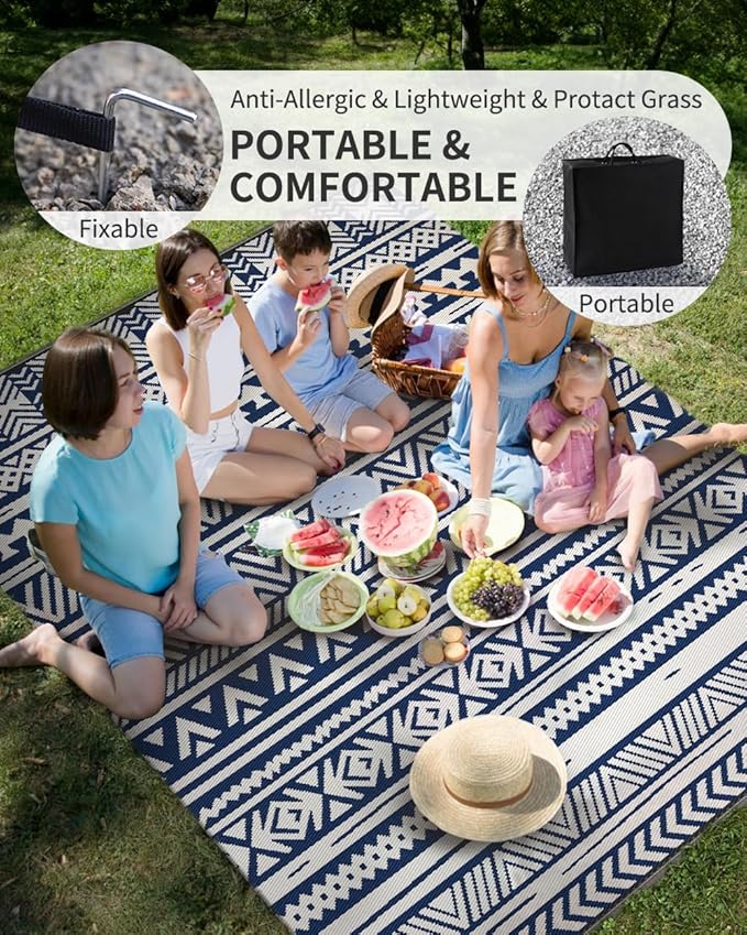 MontVoo Outdoor Rug 8x10 Waterproof Outdoor Patio Rug Mat Reverisble Plastic Straw Outdoor Rug for RV Camping Picnic Beach Balcony Boho Navy Blue