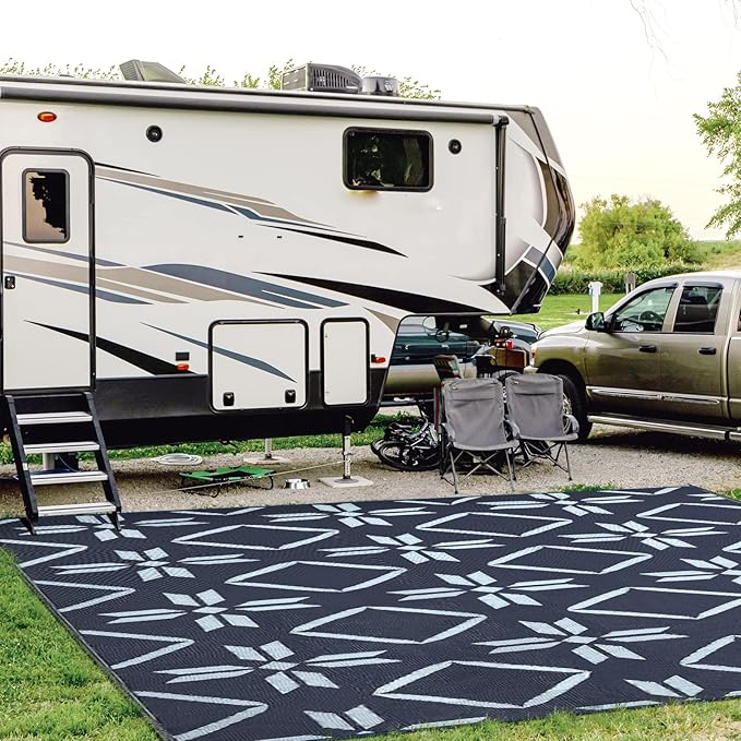Kohree RV Outdoor Rug 9x12 Reversible, Waterproof RV Awning Rug Patio Mat with 4 Stakes & UV Resistant, Non-Slip Outdoor Camping Mat for Picnic, Backyard, Includes Carry Bag (Blue)