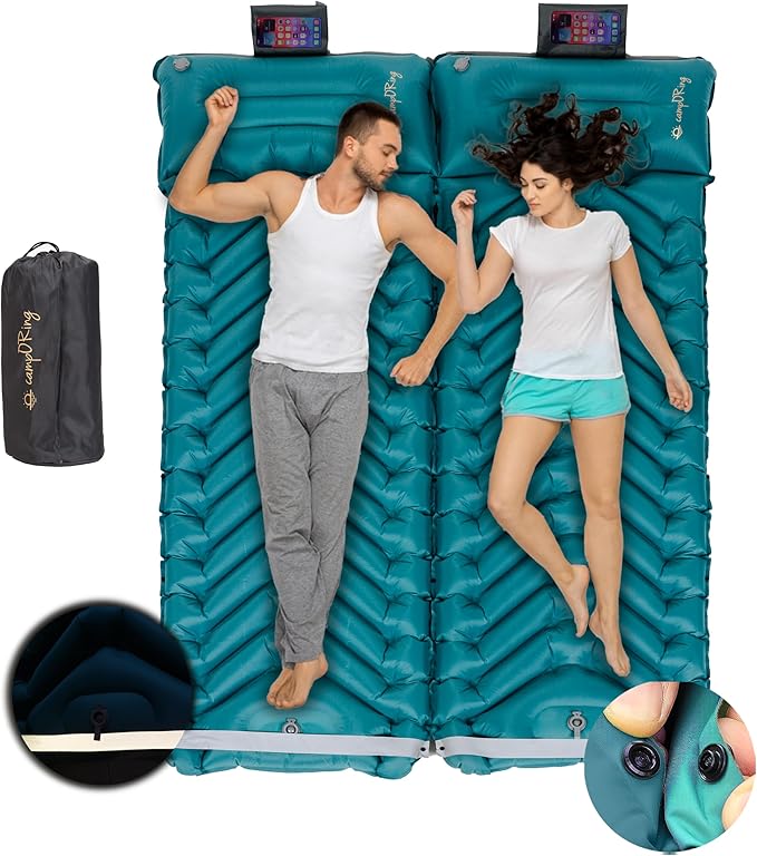 Double Sleeping Pad with Pillow, Self Inflating Extra-Thick, Ultralight Sleeping Mat, Built-in Pump, Ultimate for Camping, Hiking, Traveling, Airpad, Carry Bag, Compact & Lightweight Air Mattress