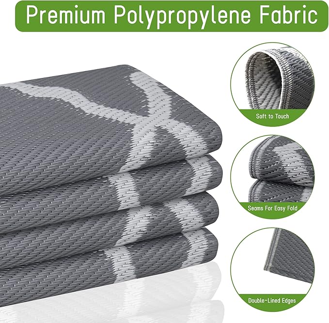 Easy-Going Reversible Outdoor Rugs 4x6ft Waterproof Plastic Straw Rug Stain & UV Resistant Floor Mat for Patio Porch RV Backyard Pool Deck Picnic Beach Trailer Camping (Moroccan Grey & Light Grey)