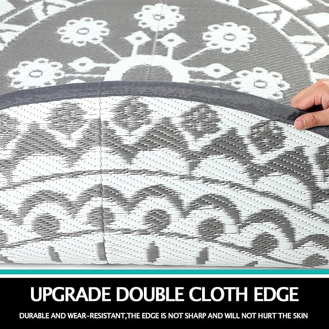 Capslpad 6Ft Round Outdoor Rug for Patios Clearance Reversible Mat Plastic Straw Patio Rugs Lightweight RV Camping Mat Circle Outside Area Rug Carpet for Balcony Deck Trailer Picnic BBQ, Grey